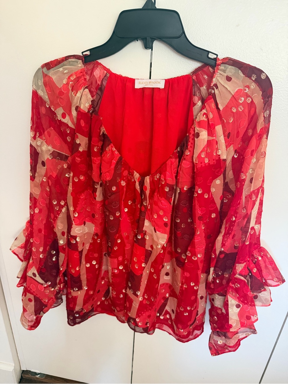 Ramy Brook Red & Cream Printed Ruffle-Sleeve Blouse